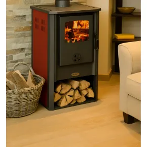 Stufa a Legna 7,2 kW Ghisa Acciaio Rosso con Vano Portalegna 2