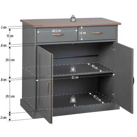 Mobile Grigio a 2 Ante 2 Cassetti Credenza in Legno Dispensa Soggiorno Cucina | BricoShop24