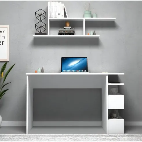 Scrivania Con Libreria Salvaspazio per Cameretta con Mensole Bianco