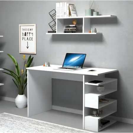 Scrivania Con Libreria Salvaspazio per Cameretta con Mensole Bianco