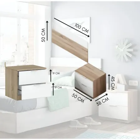 Kit Testiera Letto Singolo 90 cm con Comodino 2 Cassetti Rovere Bianco
