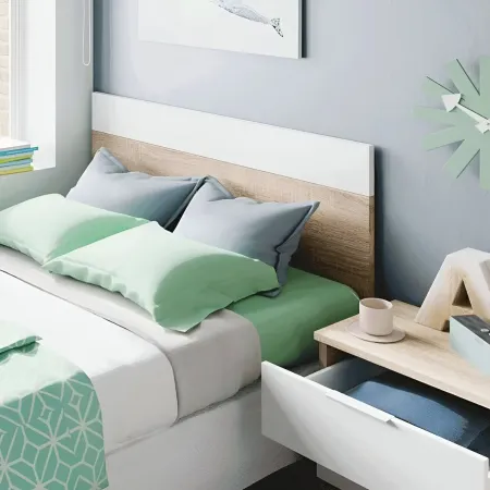 Kit Testiera Letto Singolo 90 cm con Comodino 2 Cassetti Rovere Bianco