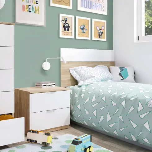 Kit Testiera Letto Singolo 90 cm con Comodino 2 Cassetti Rovere Bianco