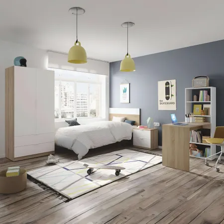 Kit Testiera Letto Singolo 90 cm con Comodino 2 Cassetti Rovere Bianco