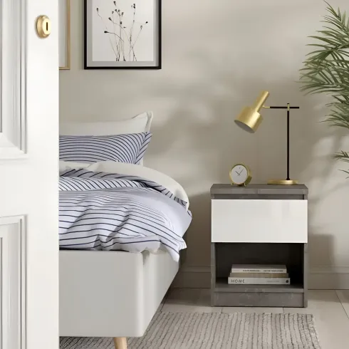 Comodino 1 Cassetto Vano Contenitore Effetto Cemento per Camera da Letto