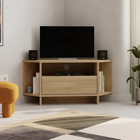 Mobile Porta TV Angolare Soggiorno Rovere Vano Contenitore e Mensole
