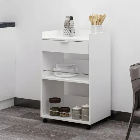Carrello per Cucina Mobile Multiuso Ruote Bianco 1 Cassetto 2 Ripiani