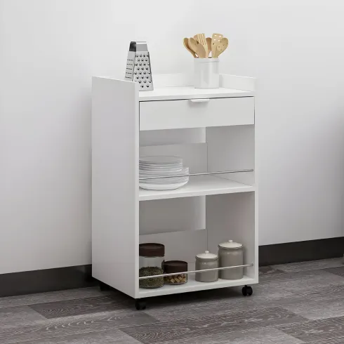 Carrello per Cucina Mobile Multiuso Ruote Bianco 1 Cassetto 2 Ripiani
