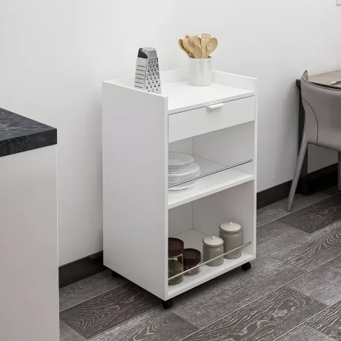 Carrello per Cucina Mobile Multiuso Ruote Bianco 1 Cassetto 2 Ripiani