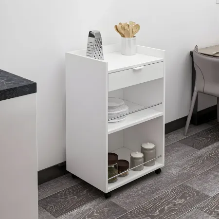 Carrello per Cucina Mobile Multiuso Ruote Bianco 1 Cassetto 2 Ripiani