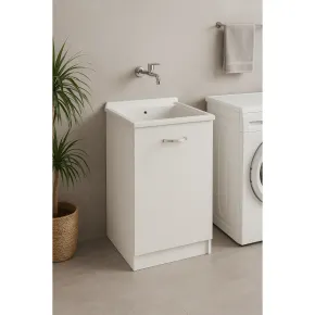 Mobile Lavatoio con Anta in Legno Bianco Frassinato per Lavanderia 2