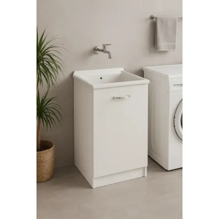 Mobile Lavatoio con Anta in Legno Bianco Frassinato per Lavanderia