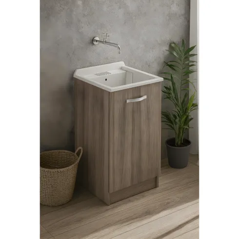 Mobile Lavatoio con Anta in Legno Argilla per Lavanderia Vasca Resina