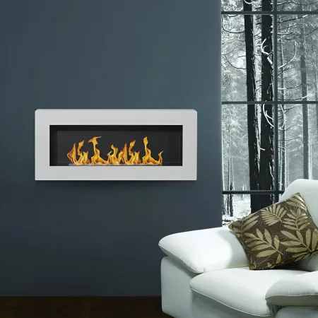 Camino Bioetanolo da Parete 2,5 KW Bianco Fiamma Reale Lana di Roccia