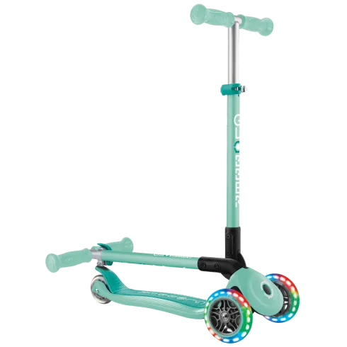 Monopattino a 3 Ruote Bambini Verde Menta Pieghevole Luci LED 50 kg