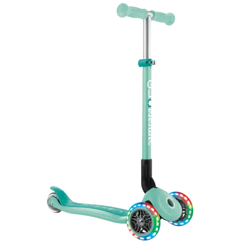 Monopattino a 3 Ruote Bambini Verde Menta Pieghevole Luci LED 50 kg