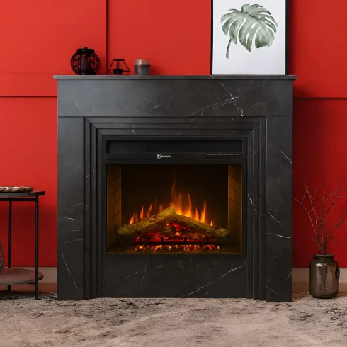Camino Elettrico da Pavimento 1800W in Legno Effetto Marmo Nero