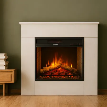 Camino Elettrico 1800W da Pavimento Fiamma Regolabile Legno Bianco
