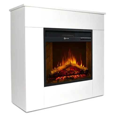 Camino Elettrico 1800W da Pavimento Fiamma Regolabile Legno Bianco