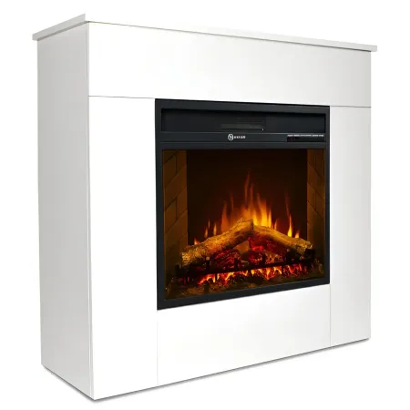 Camino Elettrico 1800W da Pavimento Fiamma Regolabile Legno Bianco
