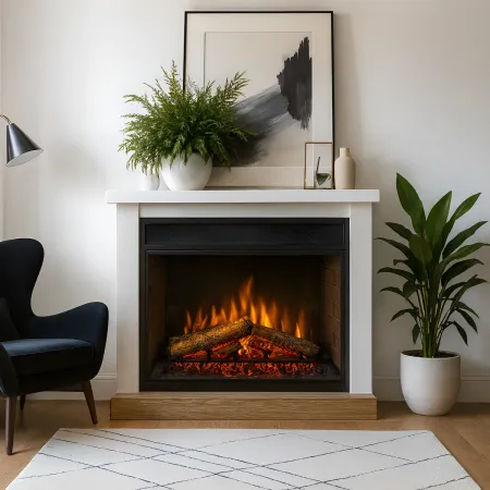 Camino Elettrico 1800W Bianco da Pavimento Legno Fiamma Realistica
