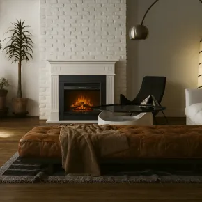 Camino Elettrico da Pavimento 1800W Legno MDF Bianco per Soggiorno 2