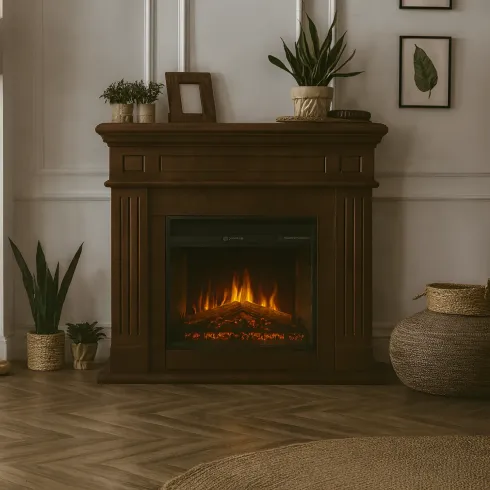 Camino Elettrico da Pavimento 1800W Legno MDF Noce per Soggiorno