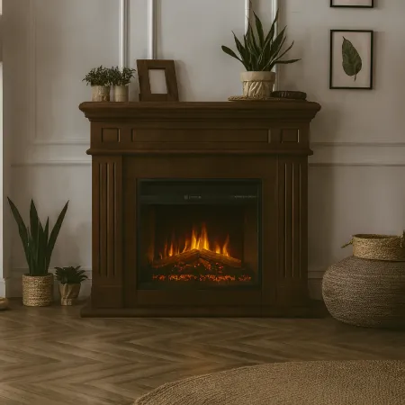 Camino Elettrico da Pavimento 1800W Legno MDF Noce per Soggiorno
