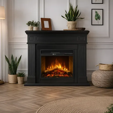 Camino Elettrico da Pavimento 1800W Legno MDF Nero per Soggiorno