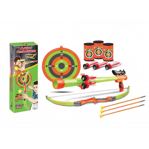 Set Arciere Arco Cerbottana 3 Barattoli Bambini 3 Frecce 5 Freccette + Bersaglio