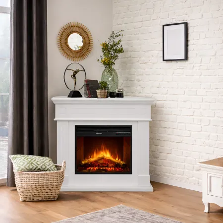 Camino Elettrico Angolare 1800W da Appoggio Legno Bianco per Interno