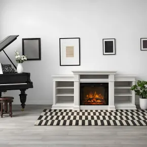 Camino Elettrico 1800W con Mobile Ripiani da Pavimento in Legno Bianco 2