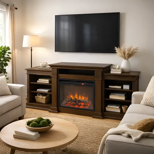Camino Elettrico 1800W con Mobile Ripiani da Pavimento in Legno Noce