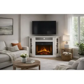 Camino Elettrico con Mobile Angolare 1800W da Appoggio in Legno Bianco 2