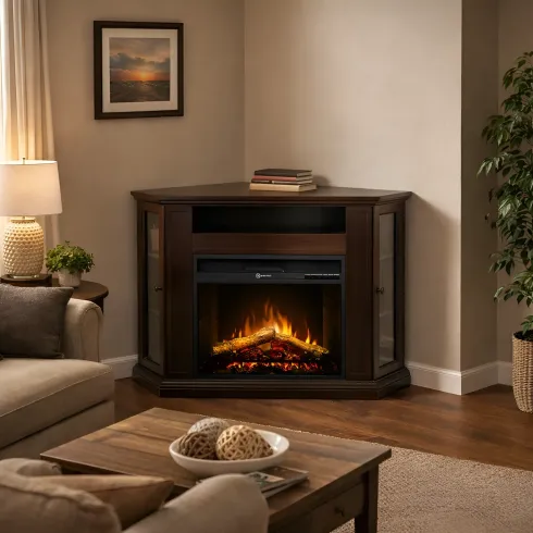 Camino Elettrico con Mobile Angolare 1800W da Appoggio in Legno Noce