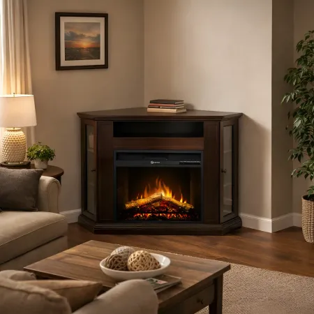 Camino Elettrico con Mobile Angolare 1800W da Appoggio in Legno Noce