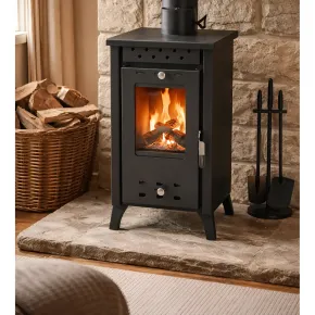 Stufa a Legna 7,7 kW in Acciaio Nero con Vetro Compatta per Interni 2
