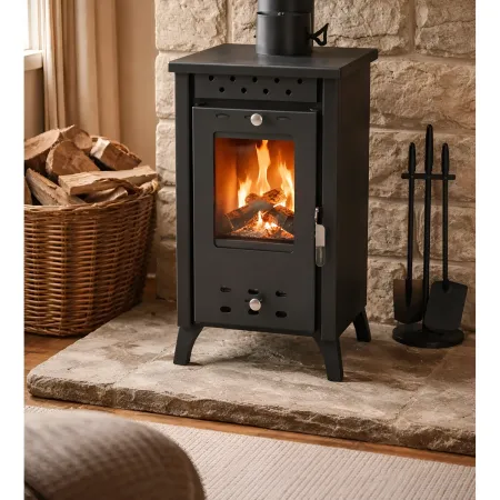 Stufa a Legna 7,7 kW in Acciaio Nero con Vetro Compatta per Interni