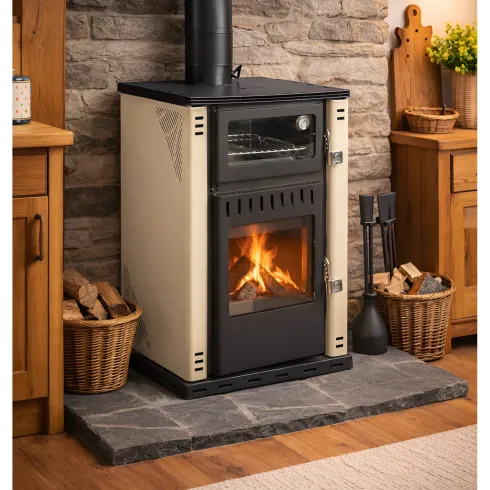 Stufa a Legna 27,6 kW in Acciaio Beige con Forno Termostufa Boiler 38L