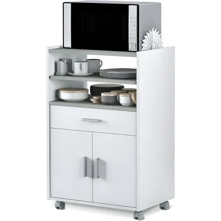 Mobile Portaforno con Ruote Legno Bianco Salvaspazio Cassetto 2 Ante