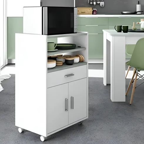 Mobile Portaforno con Ruote Legno Bianco Salvaspazio Cassetto 2 Ante