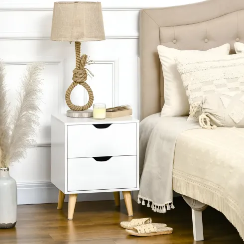 Comodino 2 Cassetti Gambe in Legno Bianco Moderno Camera da Letto
