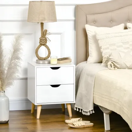 Comodino 2 Cassetti Gambe in Legno Bianco Moderno Camera da Letto