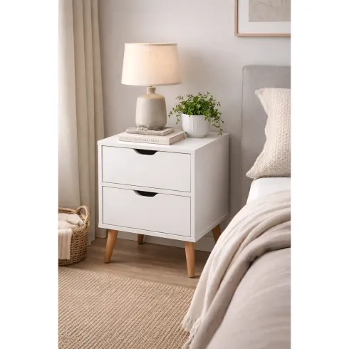 Comodino 2 Cassetti Gambe in Legno Bianco Moderno Camera da Letto