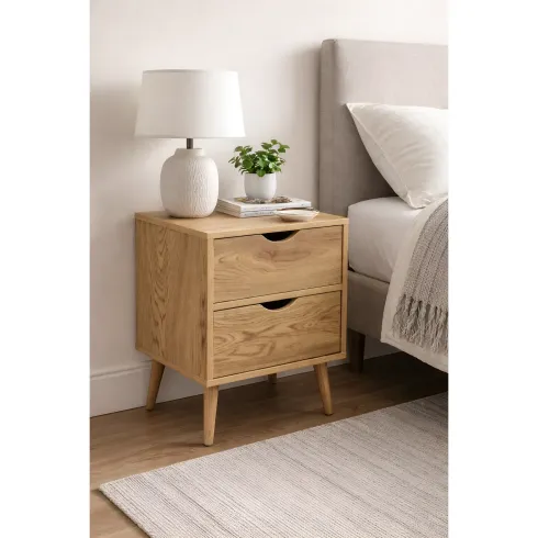Comodino 2 Cassetti Gambe in Legno Naturale Moderno Camera da Letto