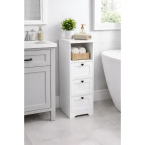 Cassettiera in Legno Bianco Slim 3 Cassetti 1 Ripiano Salvaspazio 2