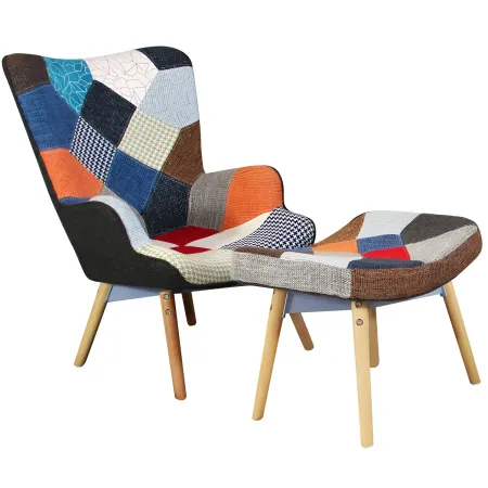 Poltrona con Poggiapiedi Patchwork Struttura in Acciaio Gambe in Legno