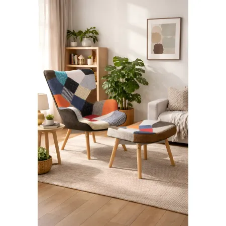 Poltrona con Poggiapiedi Patchwork Struttura in Acciaio Gambe in Legno