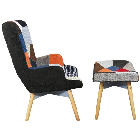 Poltrona con Poggiapiedi Patchwork Struttura in Acciaio Gambe in Legno