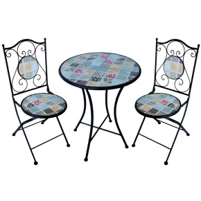 Set Tavolo Ø 60 cm con 2 Sedie Pieghevoli da Giardino Effetto Mosaico